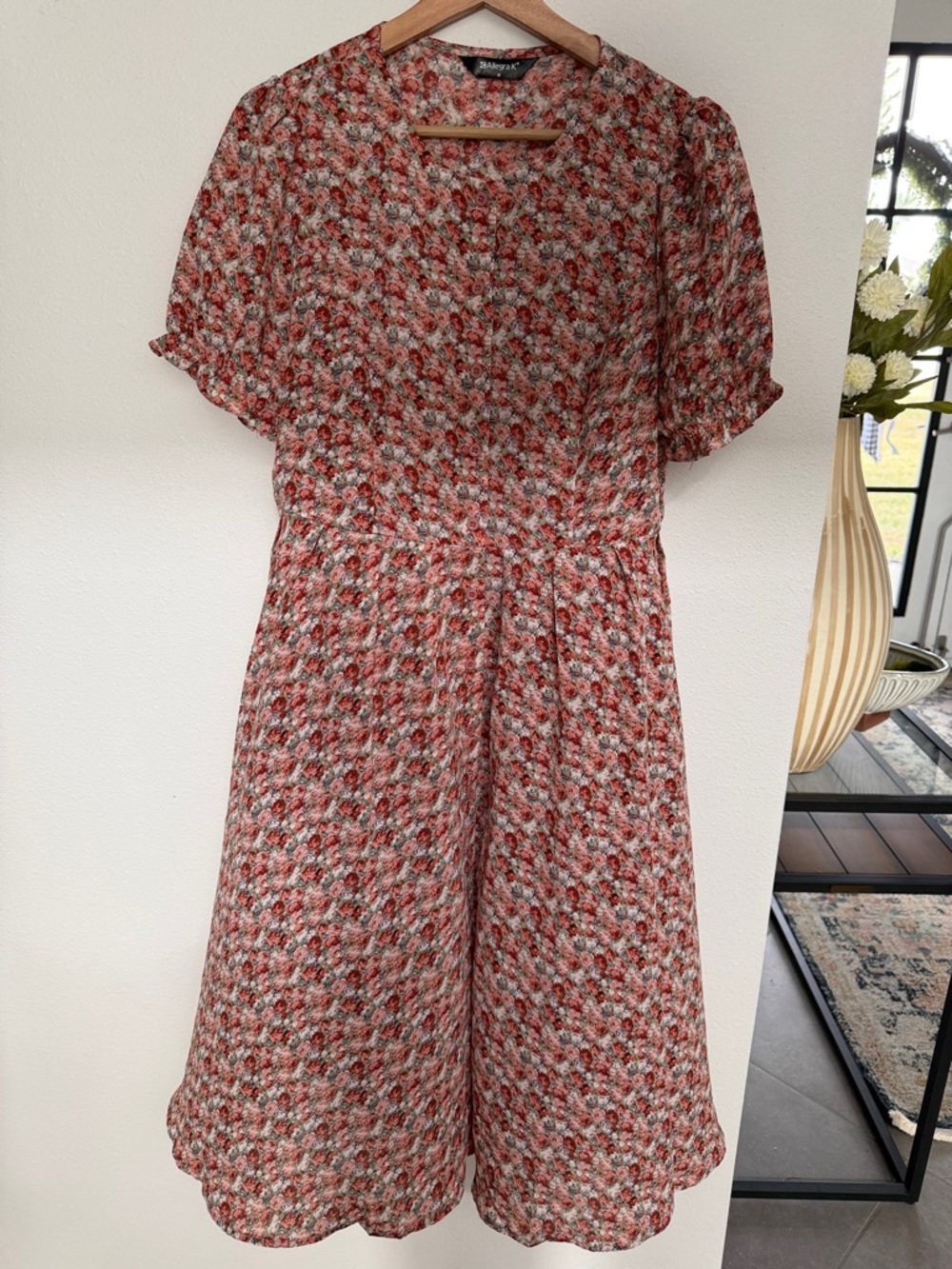 Allegra K Floral Midi Dress in Red and Cream